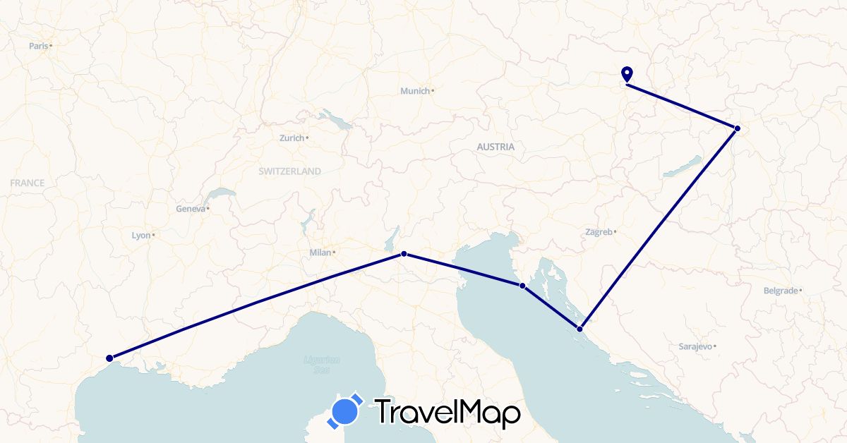 TravelMap itinerary: driving in Austria, France, Croatia, Hungary, Italy (Europe)